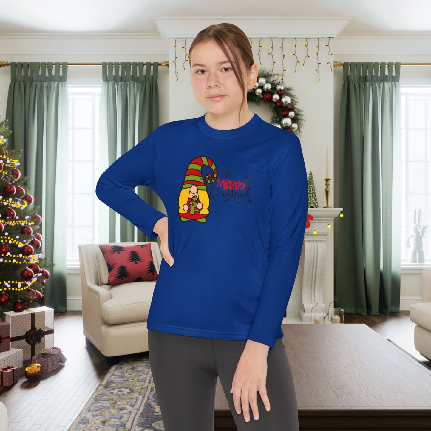 Merry Christmas Girl Gnome Youth Long Sleeve Tee