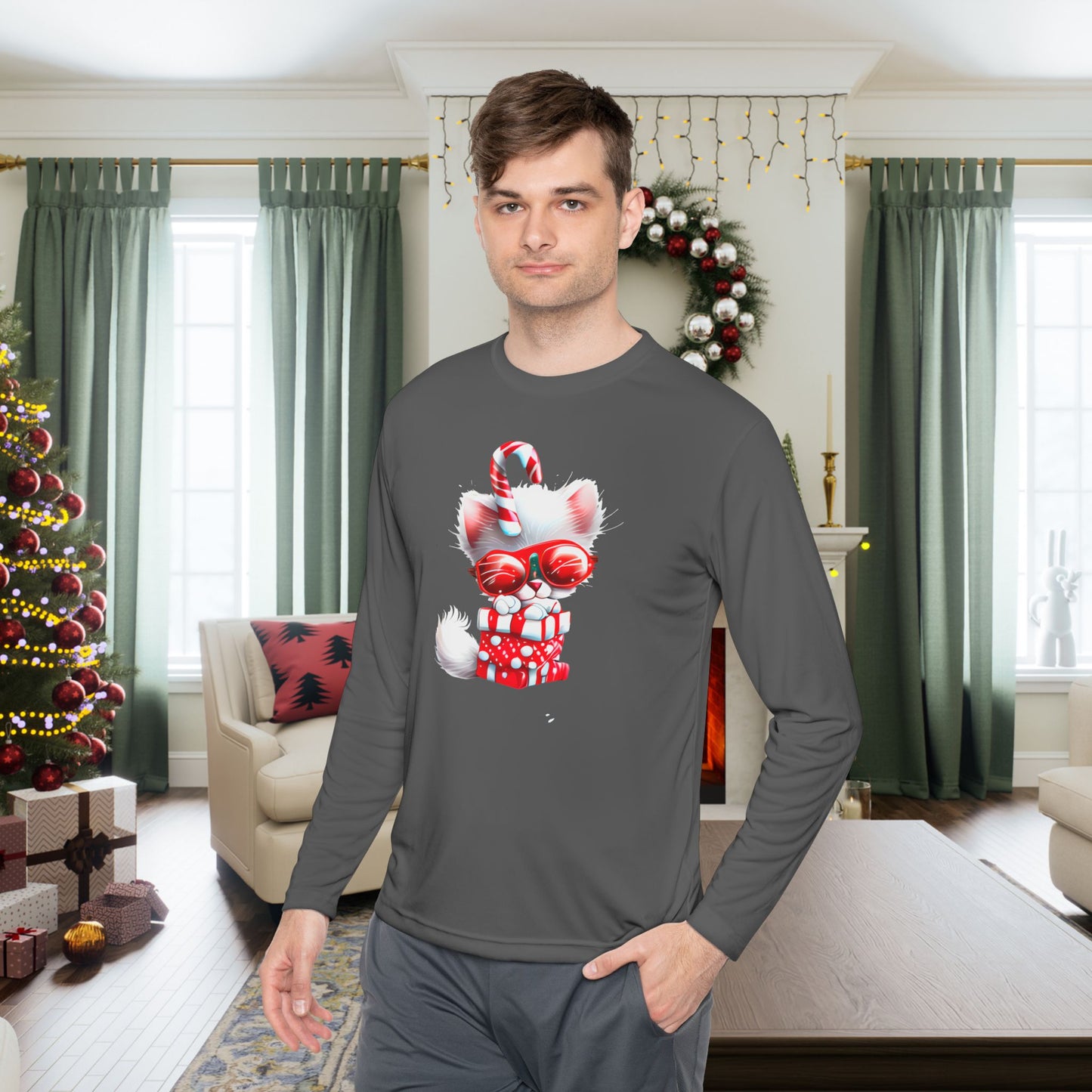 Candy Cane Kitten Adult Long Sleeve Tee