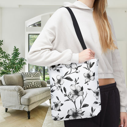 Black & White Five Petal Floral Canvas Tote Bag