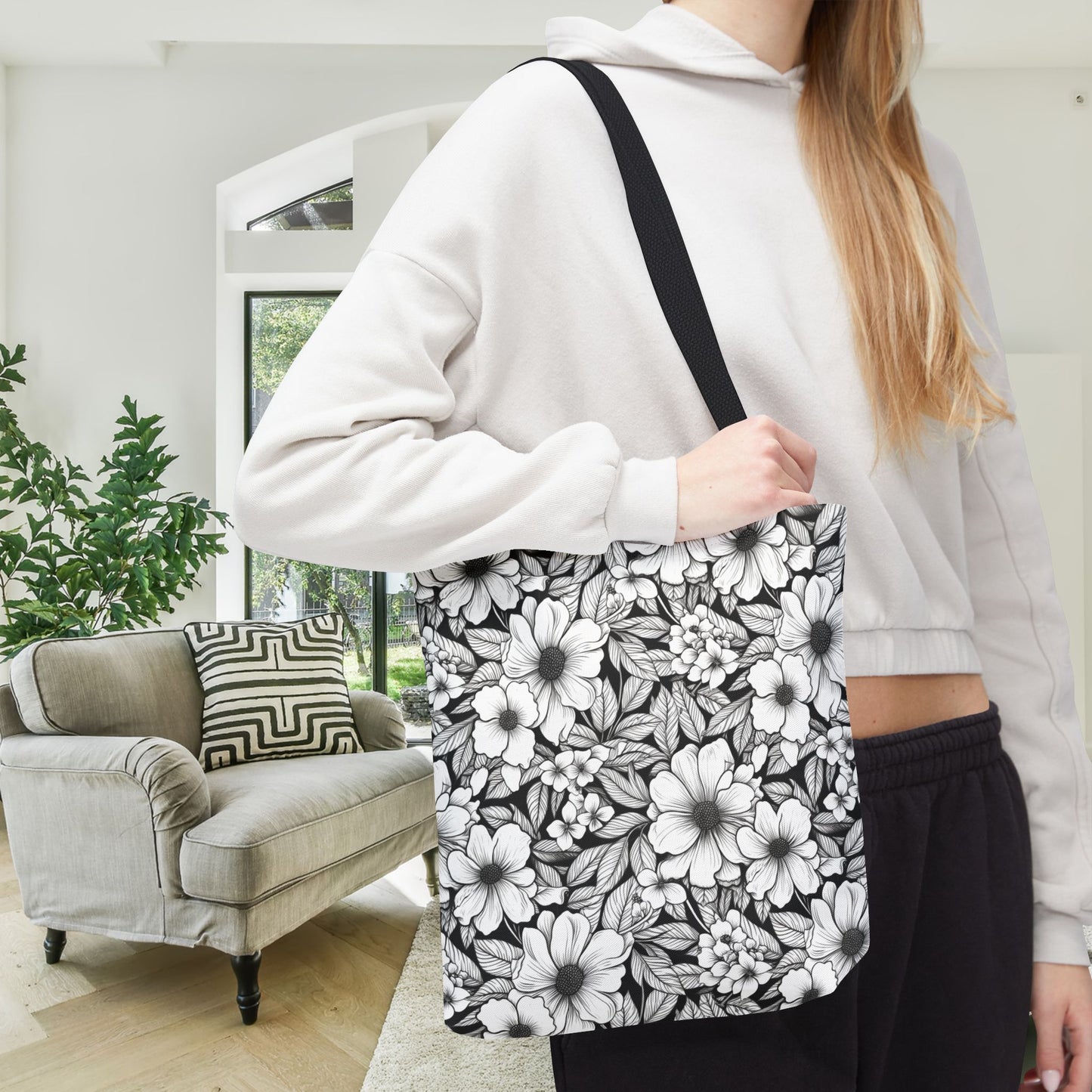 Black & White Forget-Me-Nots Canvas Tote Bag