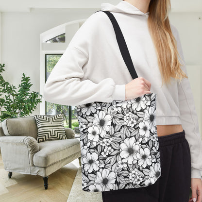 Black & White Forget-Me-Nots Canvas Tote Bag
