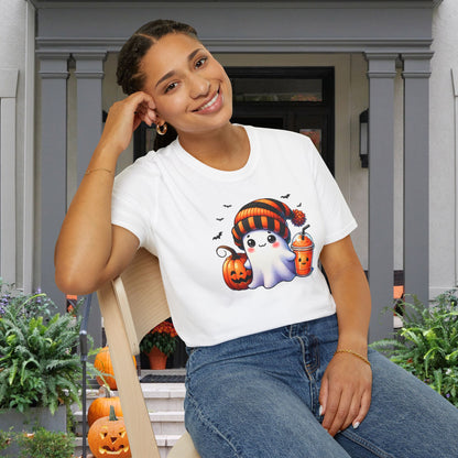 Cute Ghost w/Pumpkins Adult T-shirt