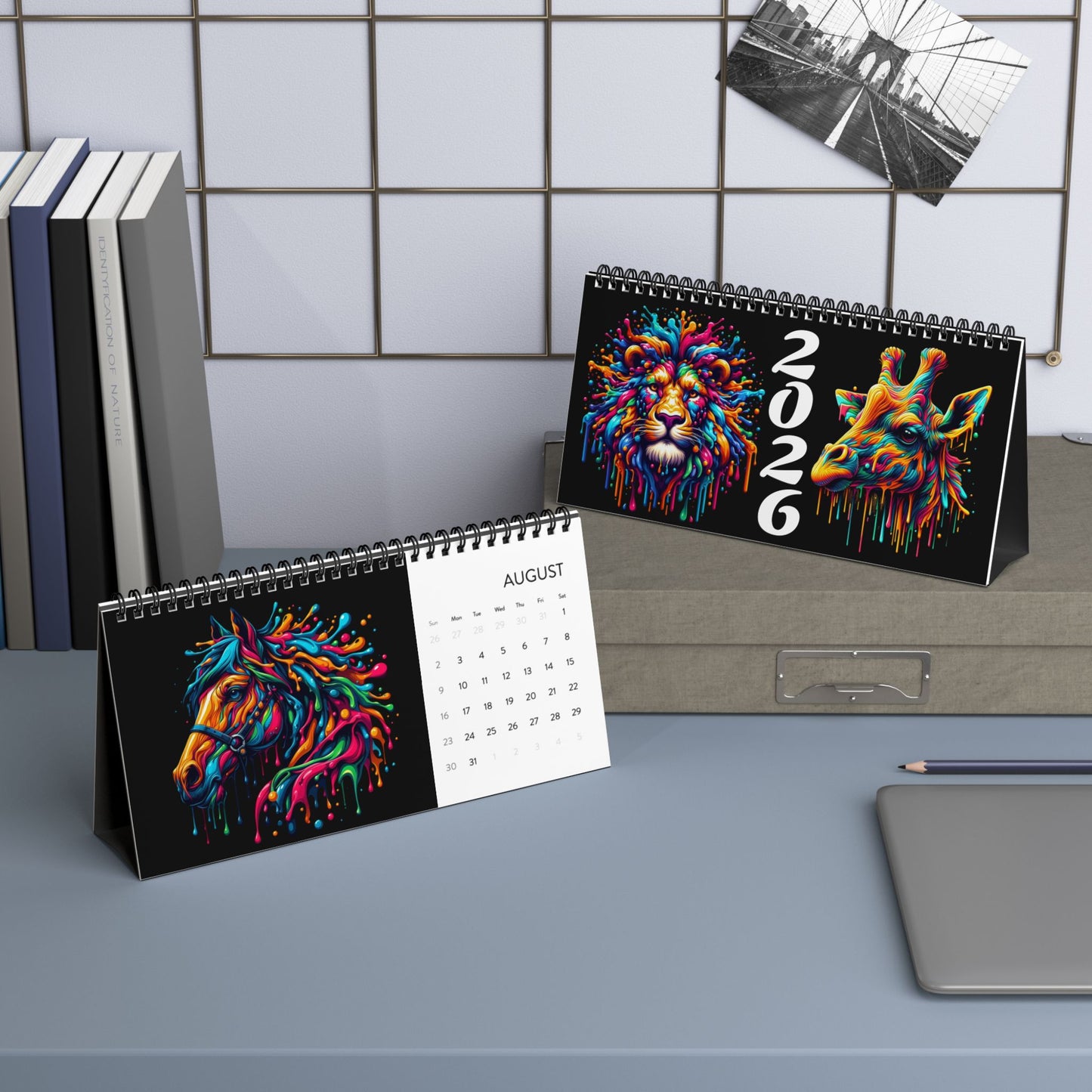 2026 Color Splash Animal Desktop Calendar — Grid Monthly Planner