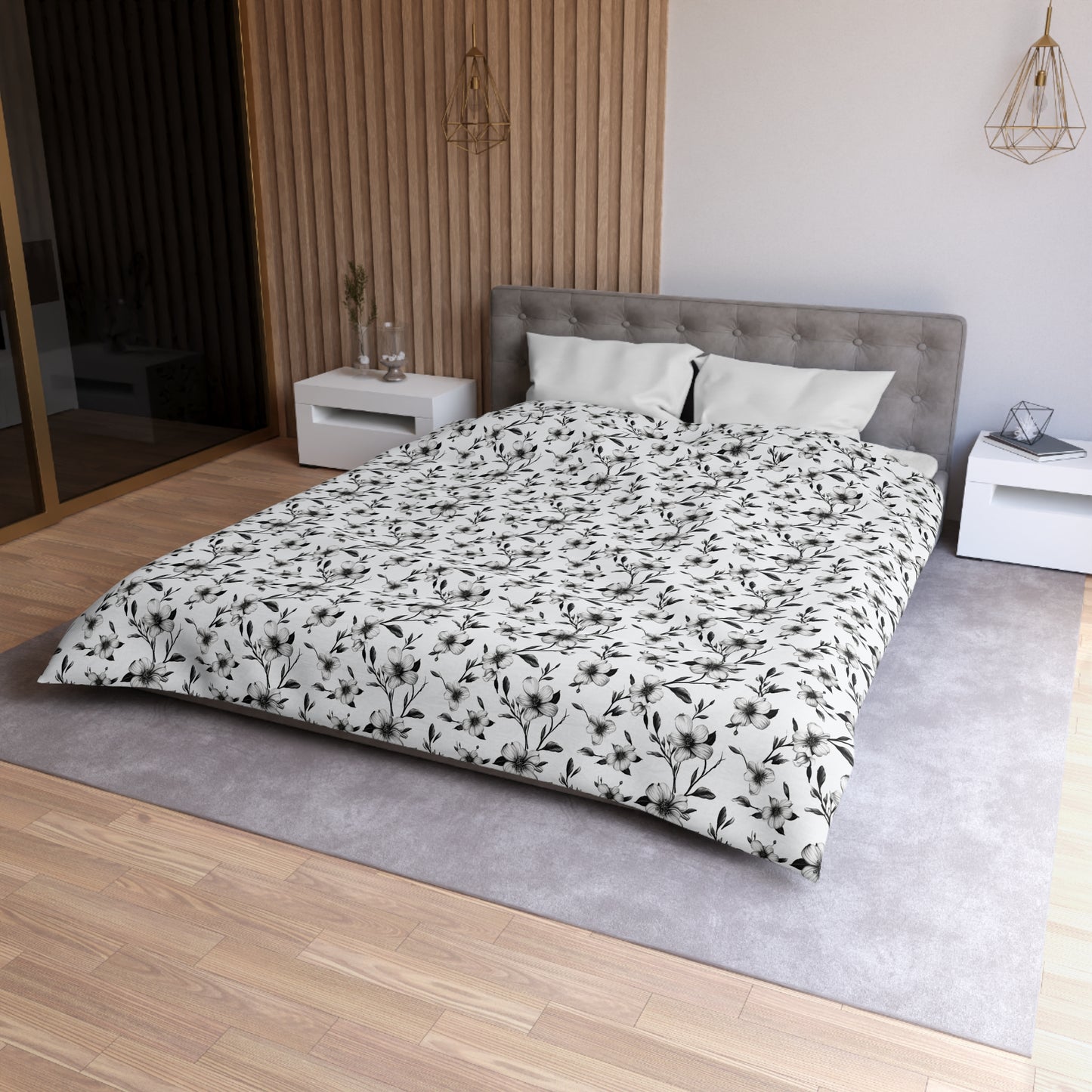 Black & White Five Petal Floral Duvet Bedding Set