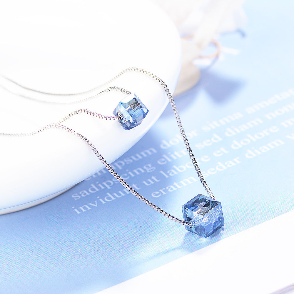 Sugar Cube Crystal Pendant Double Chain Necklace (Pink or Blue)