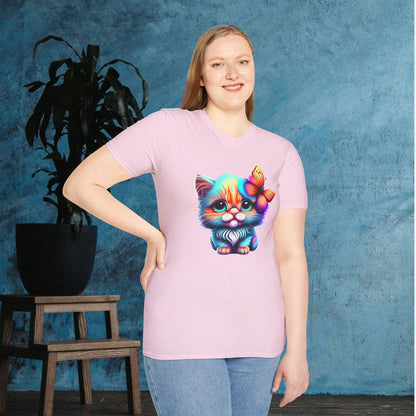 Cute Colorful Kitten w/Butterfly Adult T-shirt