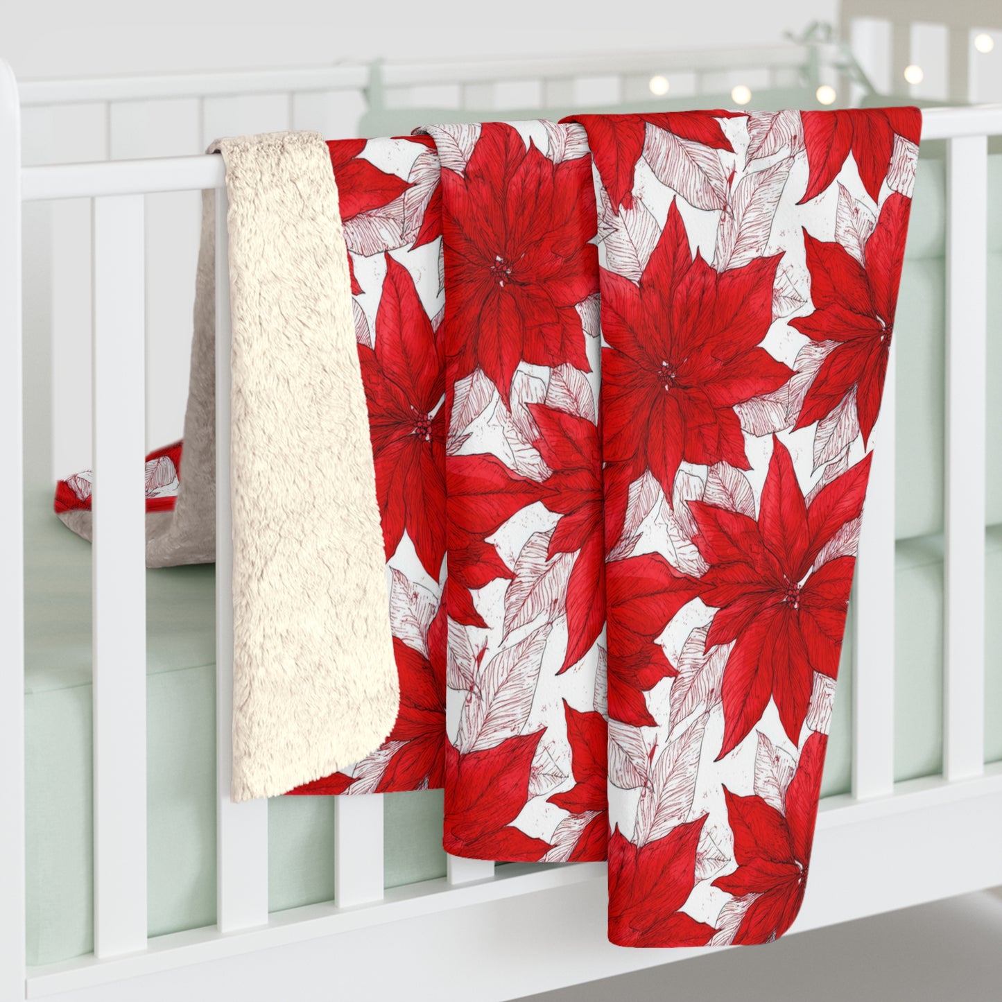 Crimson Poinsettia Sketch Sherpa Fleece Blanket