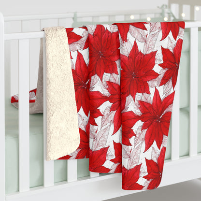 Crimson Poinsettia Sketch Sherpa Fleece Blanket
