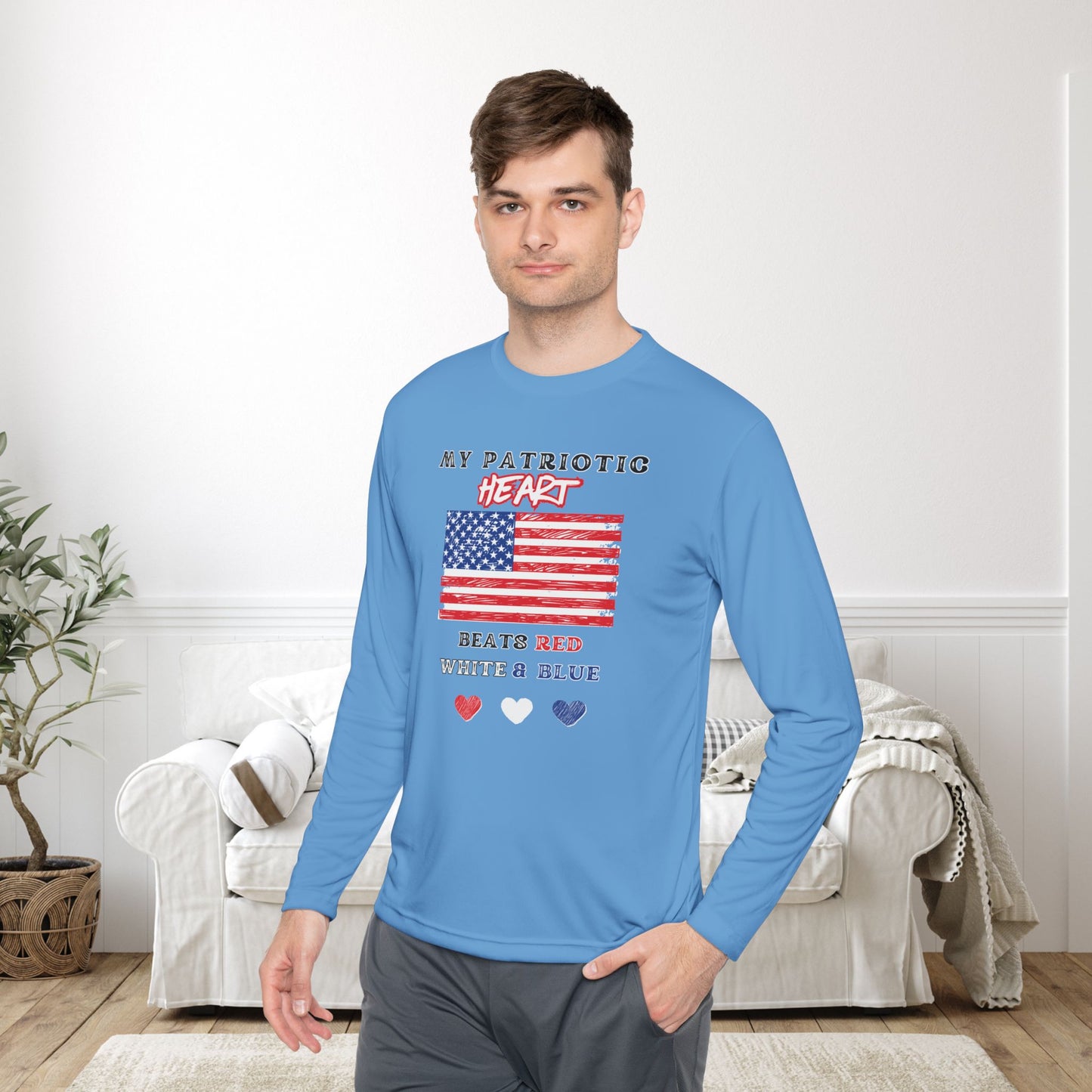 My Patriotic Heart Beats Red White and Blue Adult Long Sleeve Tee
