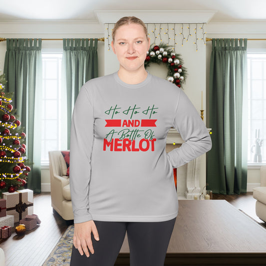 Ho Ho Ho And A Bottle Of Merlot Adult Long Sleeve Tee