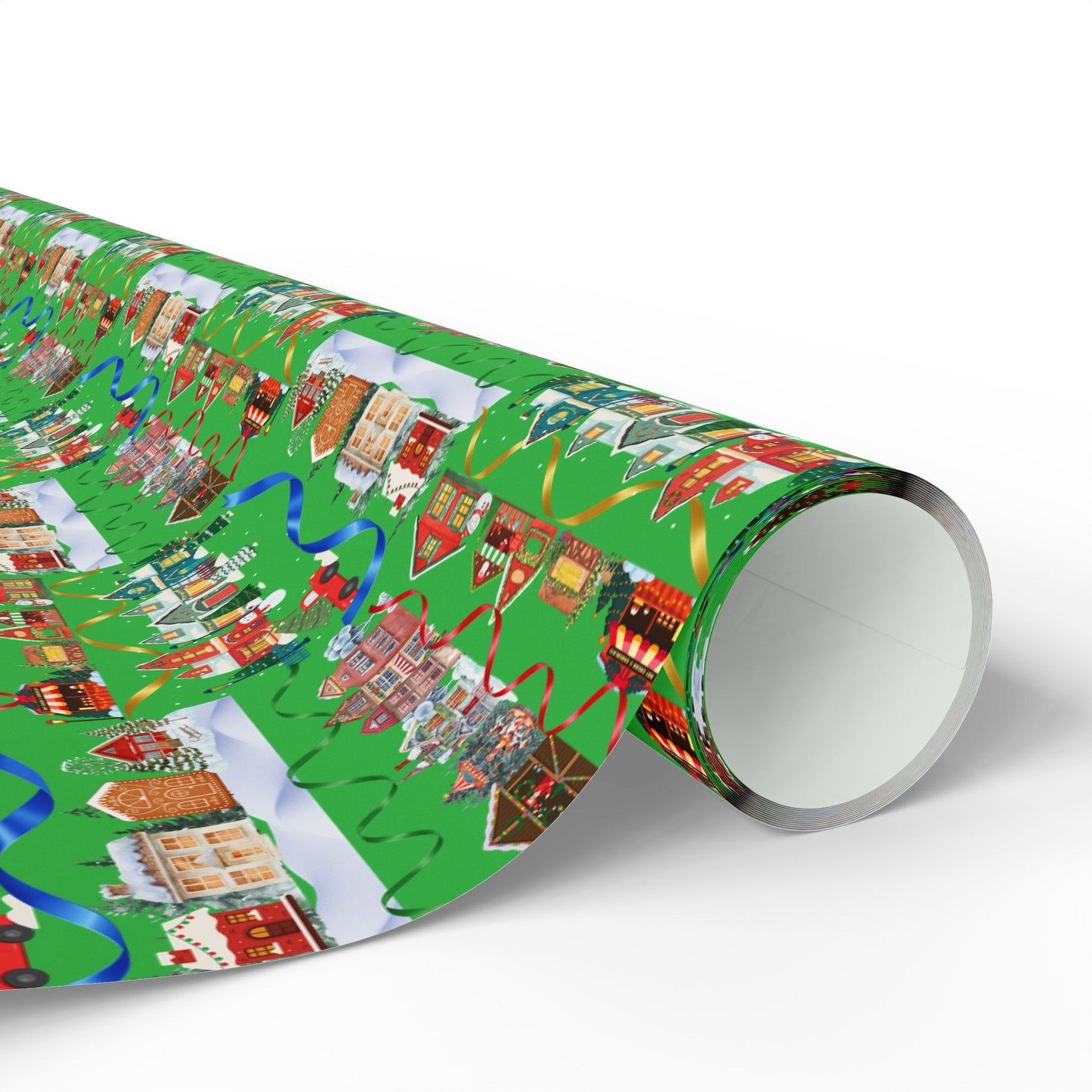Colorful Christmas Village Green Wrapping Paper