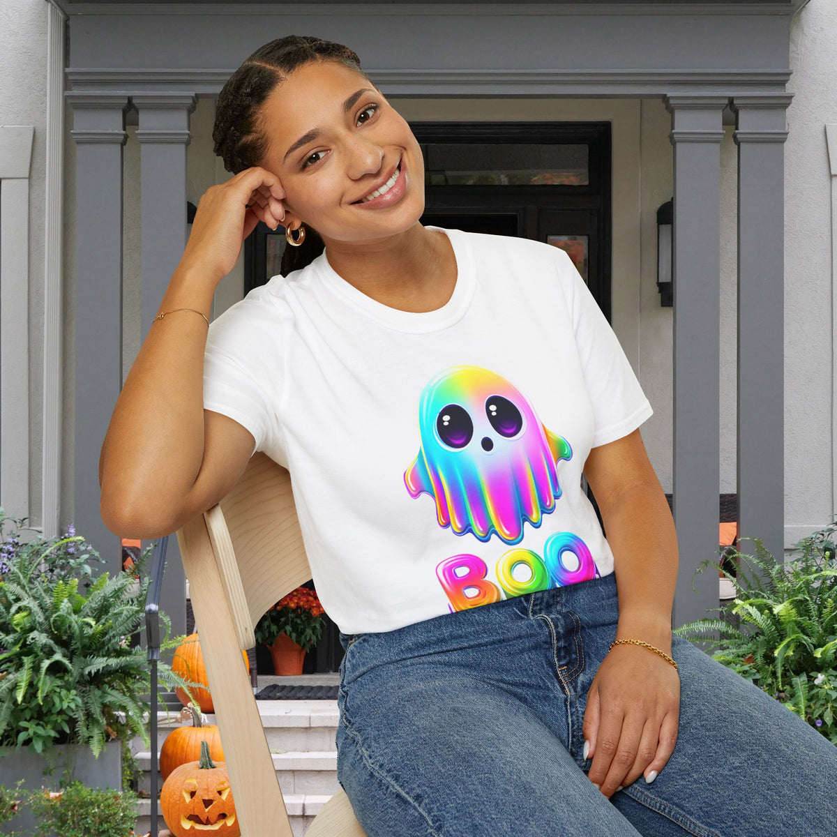 Neon Ghostly Boo Adult T-shirt