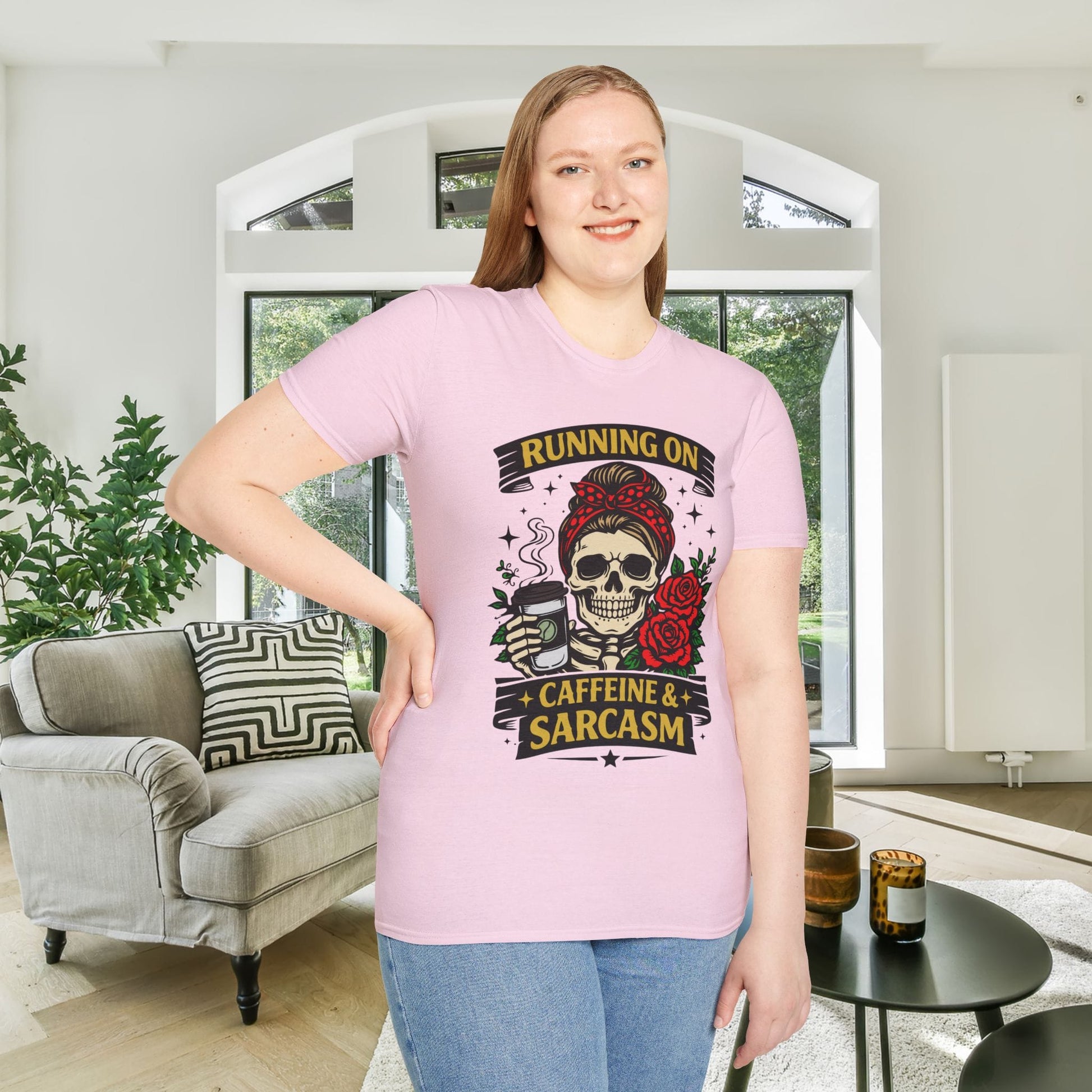 Running on Caffeine and Sarcasm (Roses) Adult T-shirt