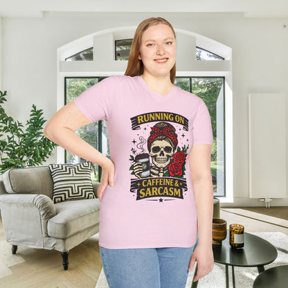 Running on Caffeine and Sarcasm (Roses) Adult T-shirt
