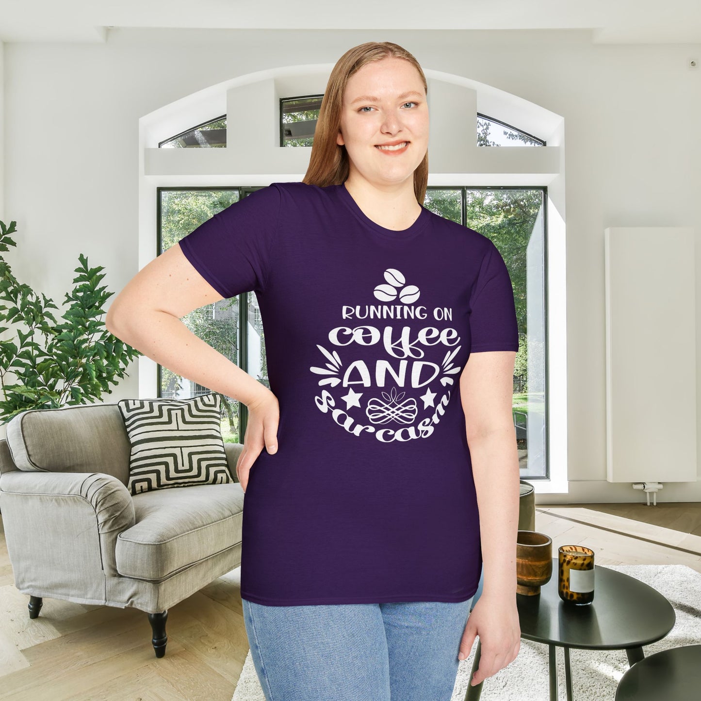 Running On Coffee And Sarcasm Adult T-shirt