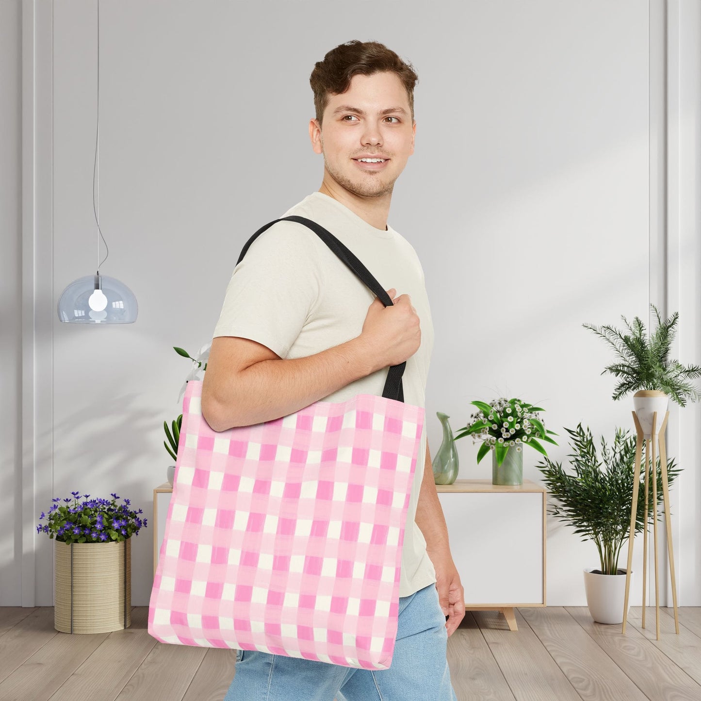 Dreamy Rose Gingham Canvas Tote Bag