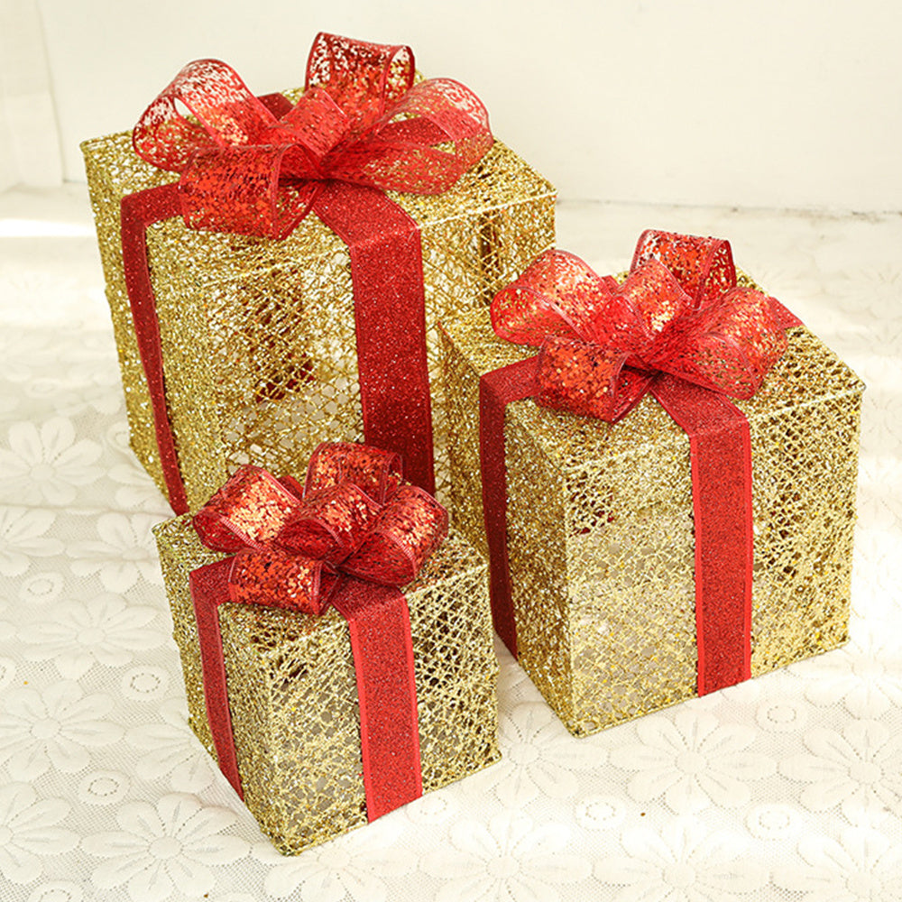 Lighted Metal Gift Box Sets of 3 – LED Christmas Decorations in Gold, Red, Blue & Silver