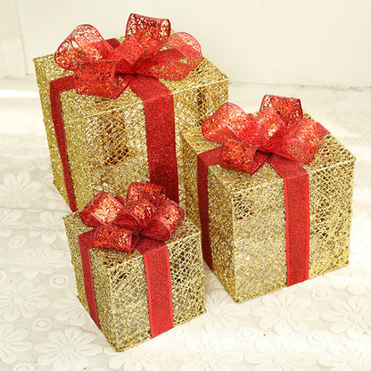 Lighted Metal Gift Box Sets of 3 – LED Christmas Decorations in Gold, Red, Blue & Silver