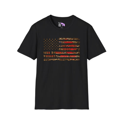 Freedom, Beer & Whiskey, Guns American Flag Adult T-shirt