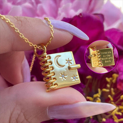 Book-shaped Locket Necklace With Stars Moon And Engraved Letters