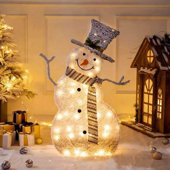 Flocked Snowman LED Decoration – Battery-Powered Holiday Display