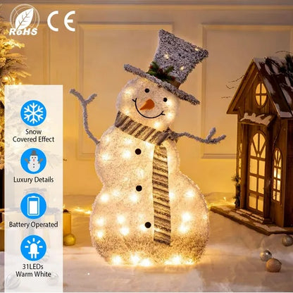 Flocked Snowman LED Decoration – Battery-Powered Holiday Display