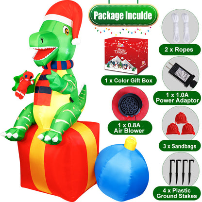Inflatable Christmas Dinosaur on Gift Box with LED Lights