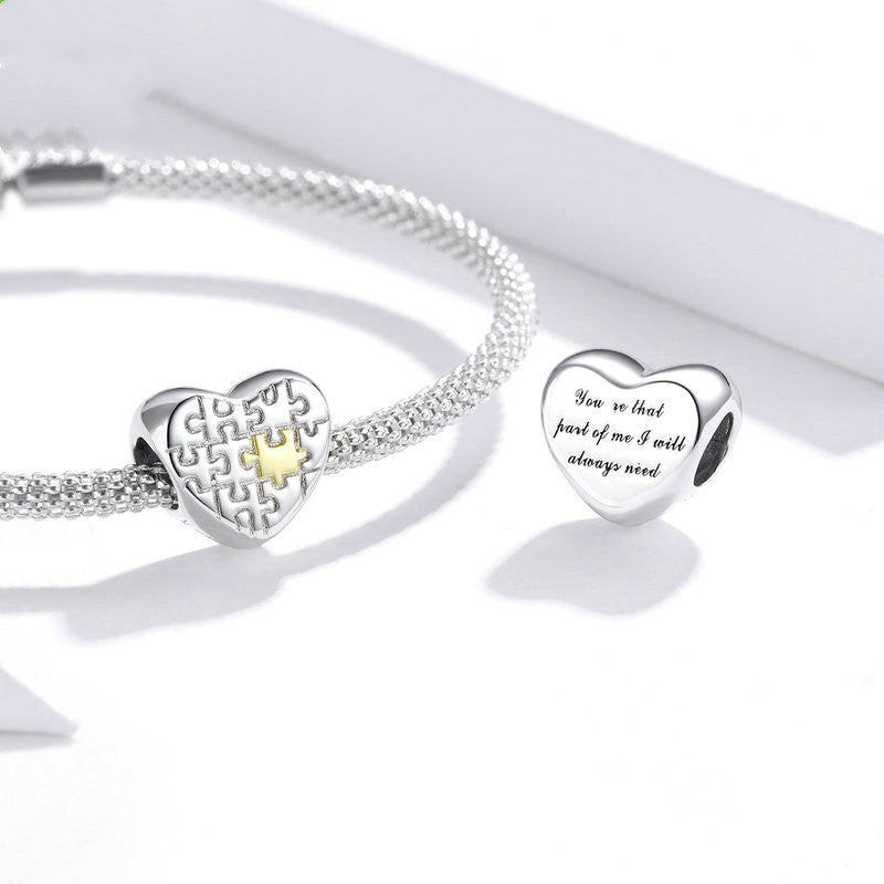 Heart & Puzzle Silver Plated Charm (Bracelet not included)