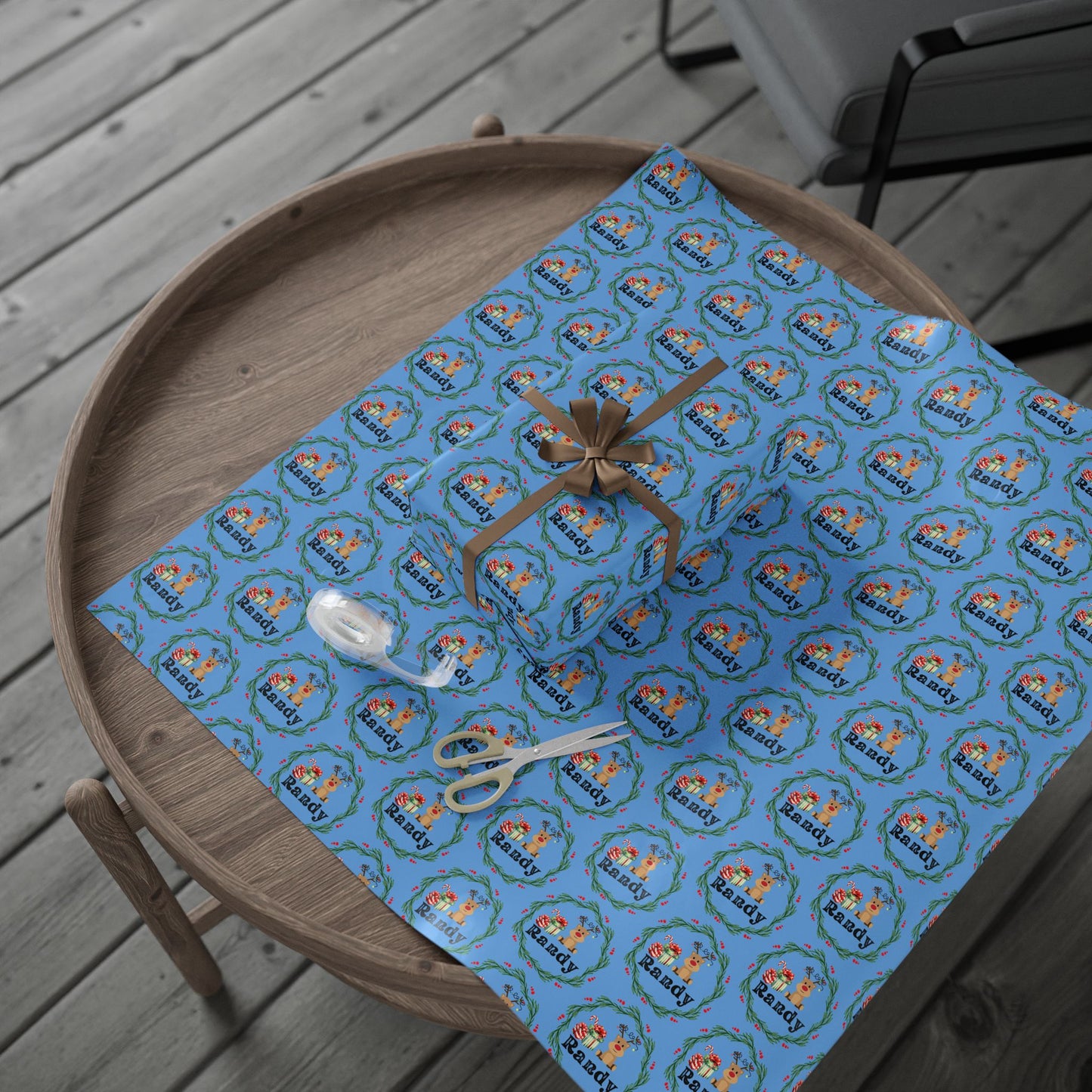 Cute Reindeer Wreath Custom Wrapping Paper (Randy)