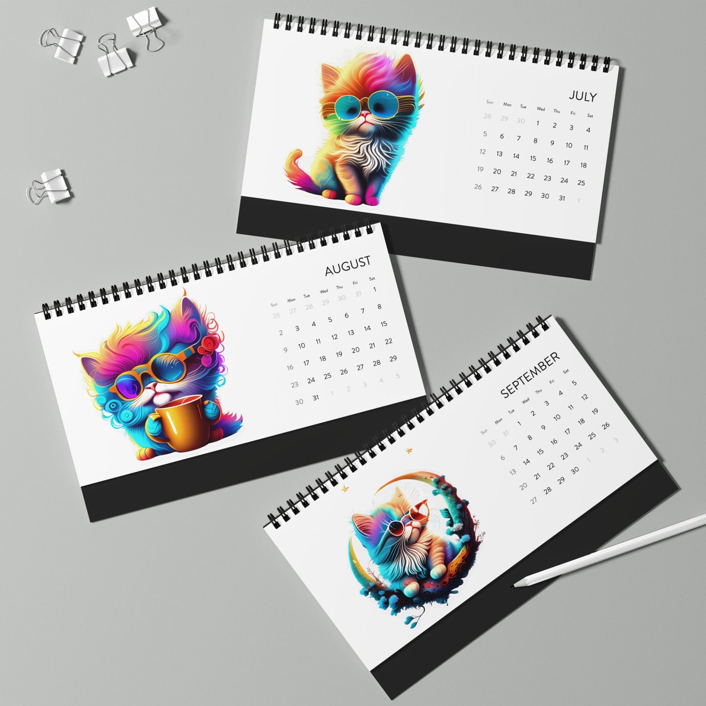 2026 Colorful Cat Desktop Calendar — Cute Kitten Monthly Grid Planner