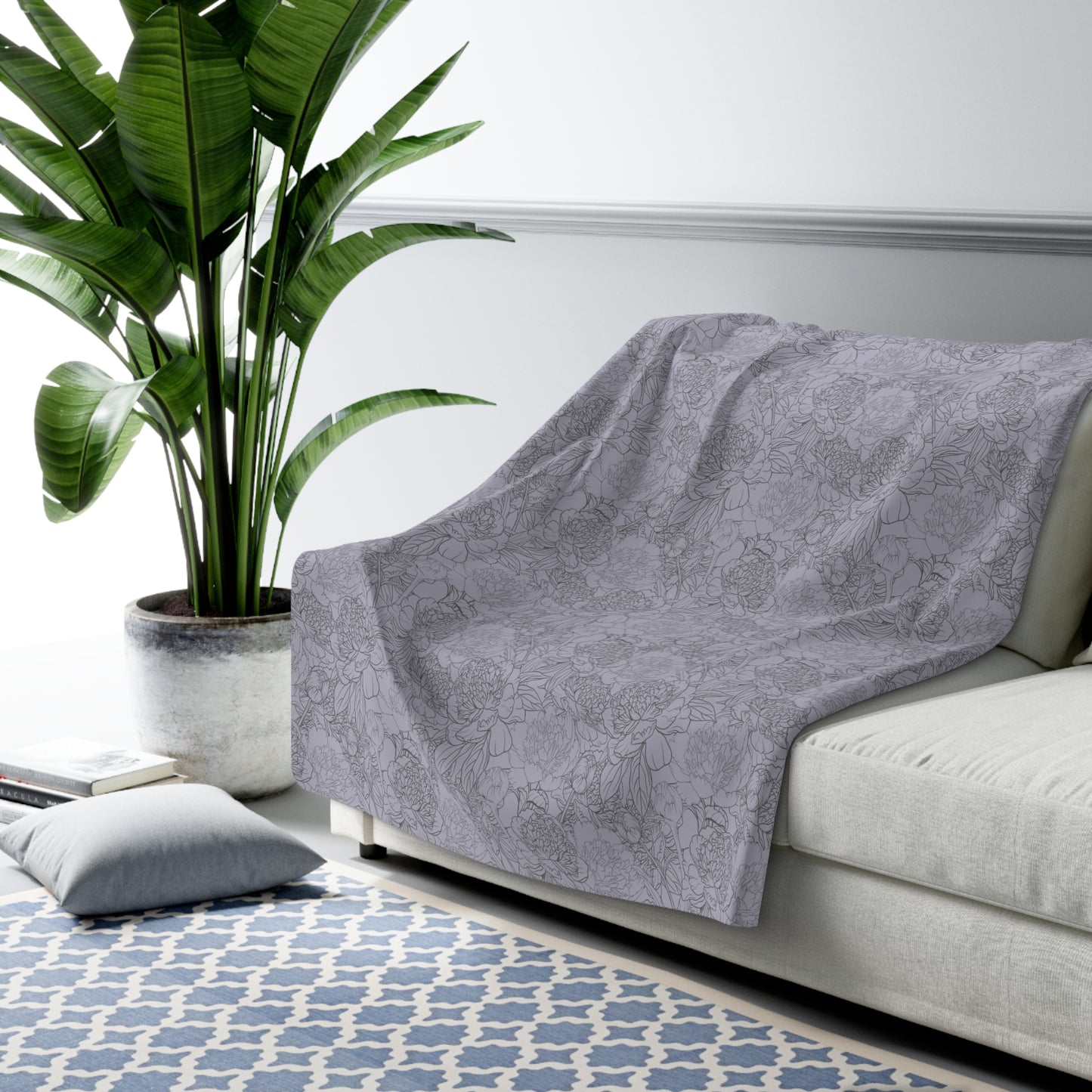 Greyish Purple Flower Print Sherpa Fleece Blanket