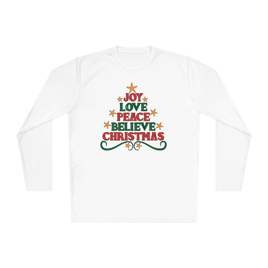 Joy Love Peace Believe Christmas Adult Long Sleeve Tee