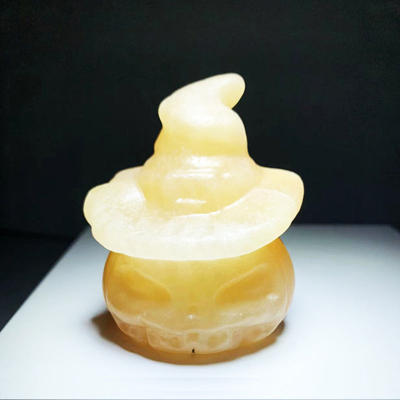 Natural Stone Carved Pumpkin w/Witch Hat