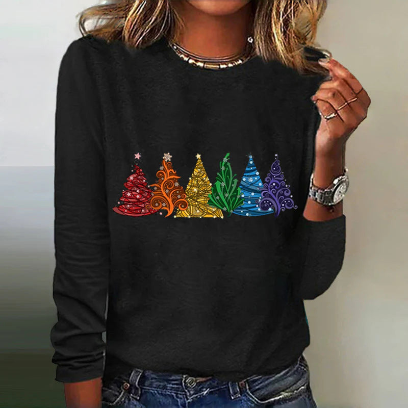 Women's Long-sleeved T-shirt Christmas Tree Printed Round Neck Loose Casual up to 6x