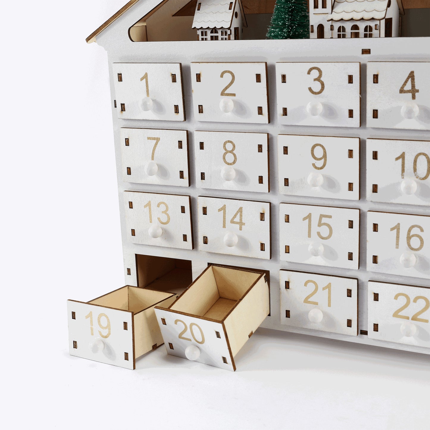 Wooden Advent Calendar with 24 Drawers & Lighted Christmas Village