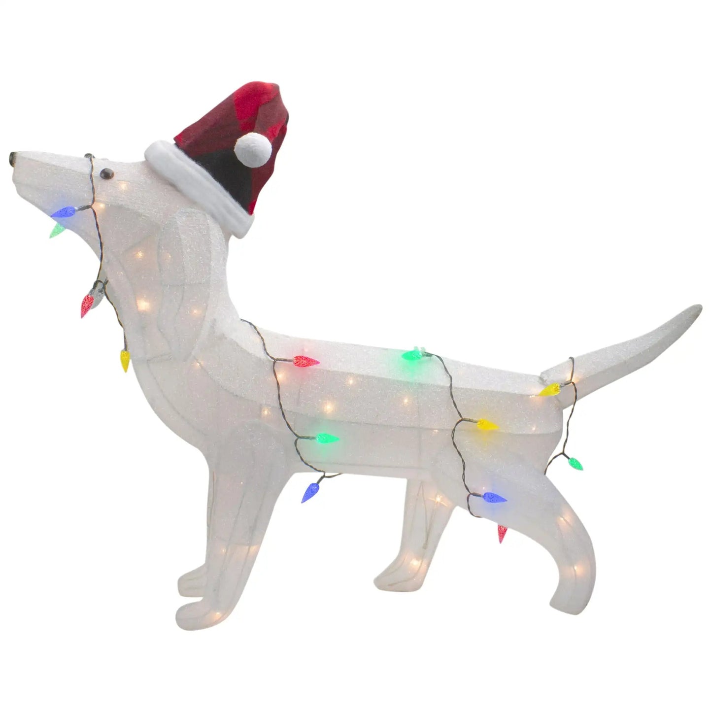 Illuminated Christmas Dog Decor – White Pup with Santa Hat