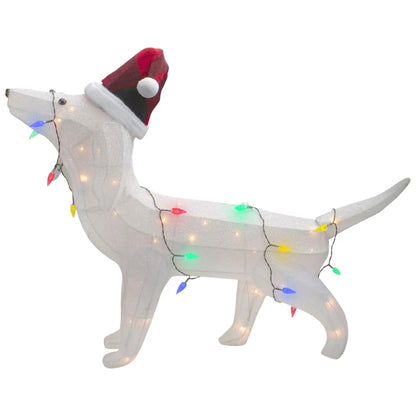 Illuminated Christmas Dog Decor – White Pup with Santa Hat