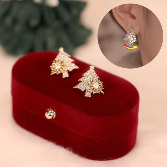 Rhinestone Christmas Tree Earrings with Spinning Snowflakes – Gold or Silver