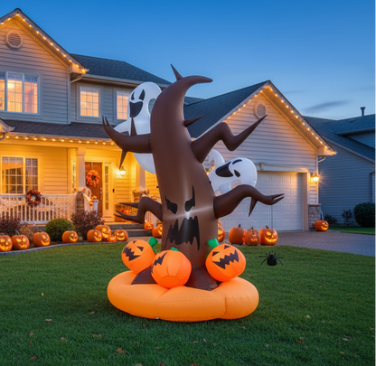 Haunted Halloween Tree Inflatable with Ghosts, Pumpkins & Hanging Spider – 8 ft