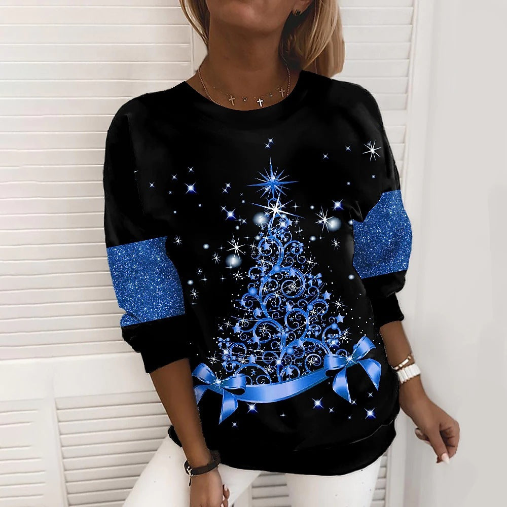Colorful Christmas Tree Print Over Black Casual Loose Top
