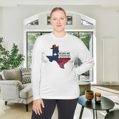 God Made Me Jesus Saved Me Texas Raised Me Adult Long Sleeve Tee