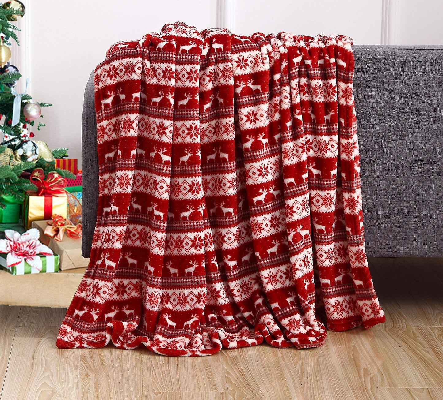 Christmas Reindeer Snowman Santa Claus Print Double-sided Flannel Couch Blanket