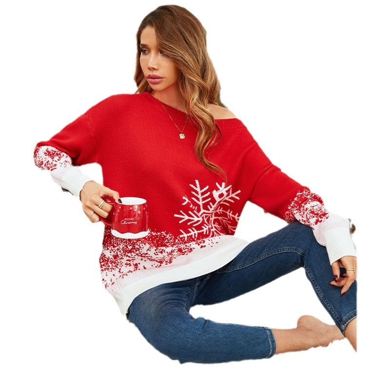 Little Snowflake Casual Off-the-shoulder Christmas Sweater for Women