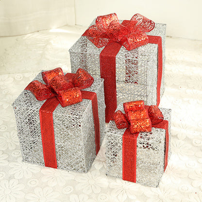 Lighted Metal Gift Box Sets of 3 – LED Christmas Decorations in Gold, Red, Blue & Silver