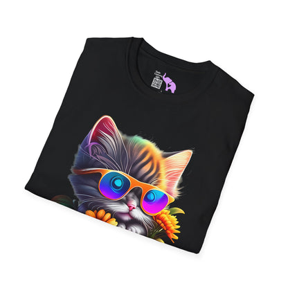 Cool Colorful Kitten in Flowers Adult T-shirt