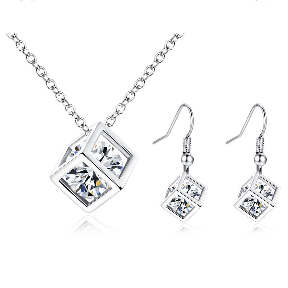 Gold/Silver Hollow Cube w/Stone Necklace/Earrings Set