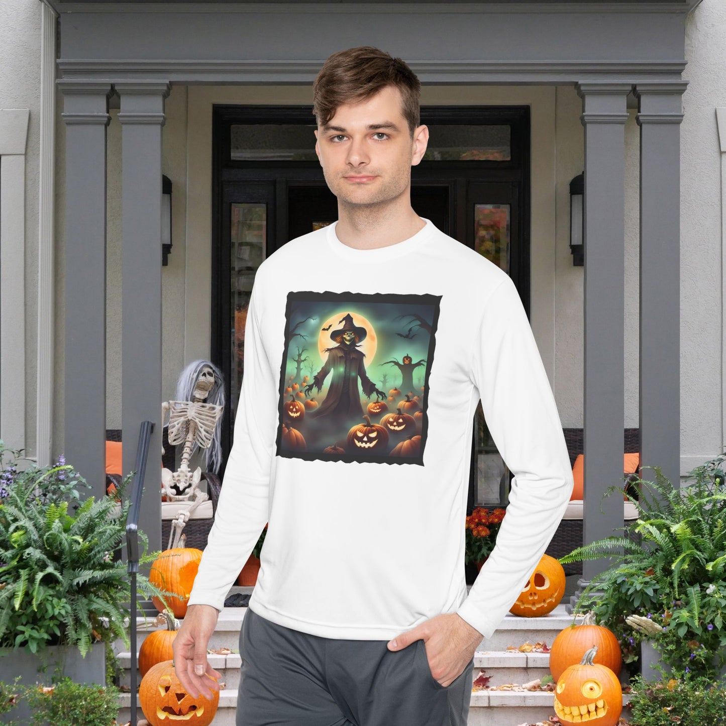 Halloween Scarecrow w/Pumpkins 4 Adult Long Sleeve Tee