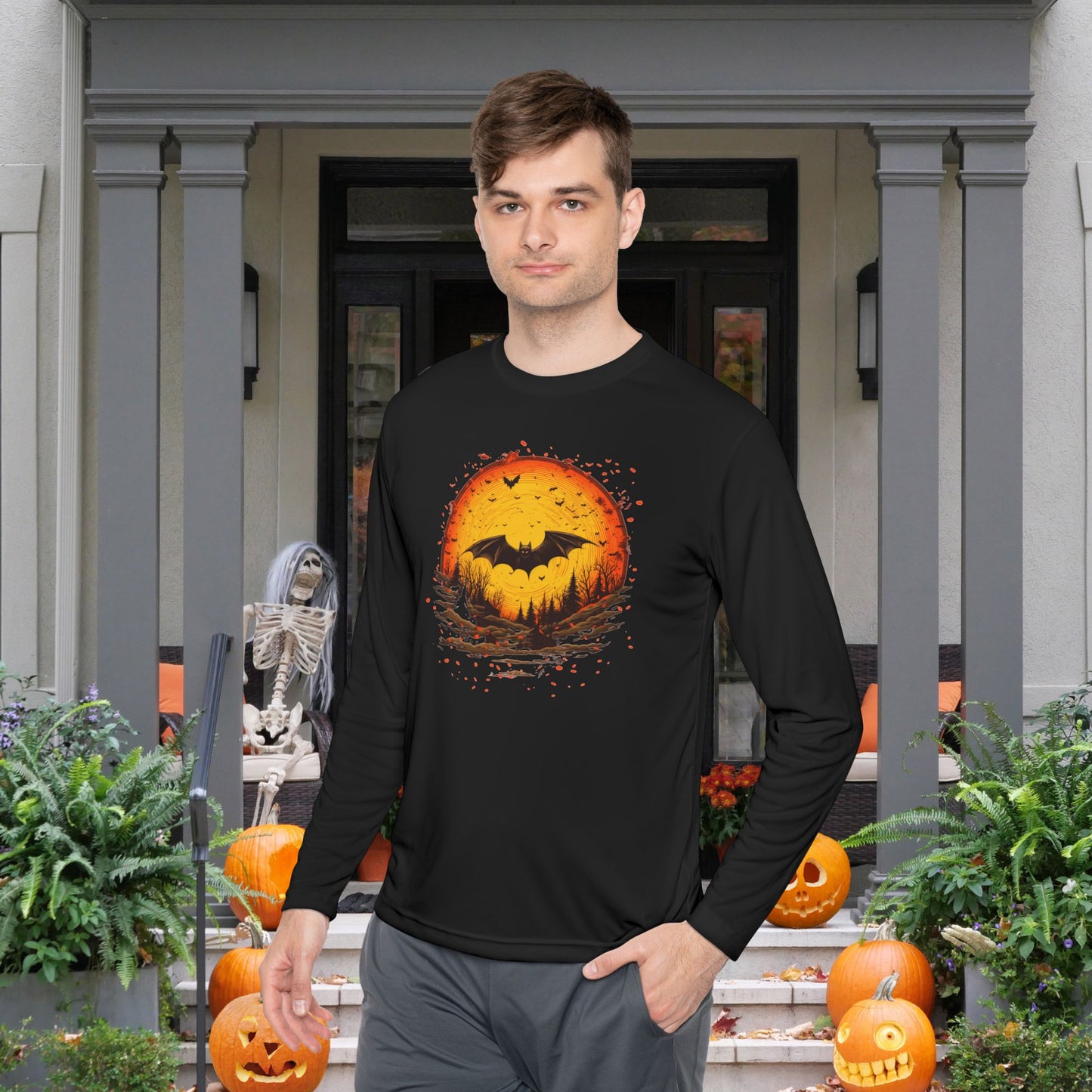 Creepy Bats Over Moon 6 Adult Long Sleeve Tee