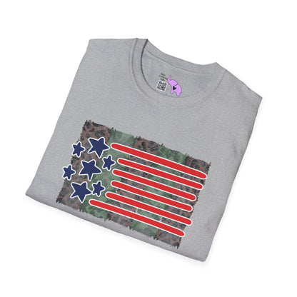 American Flag Over Camo Adult T-shirt