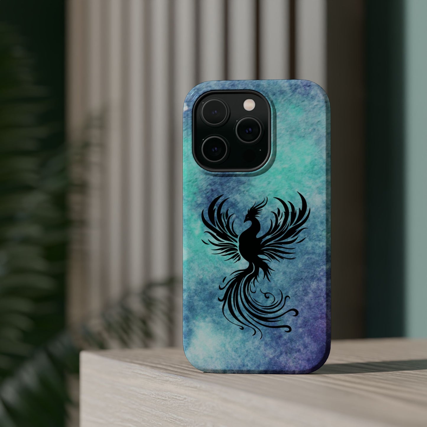 Phoenix Silhouette Over Teal Nebula MagSafe® Compatible Tough Case for iPhone